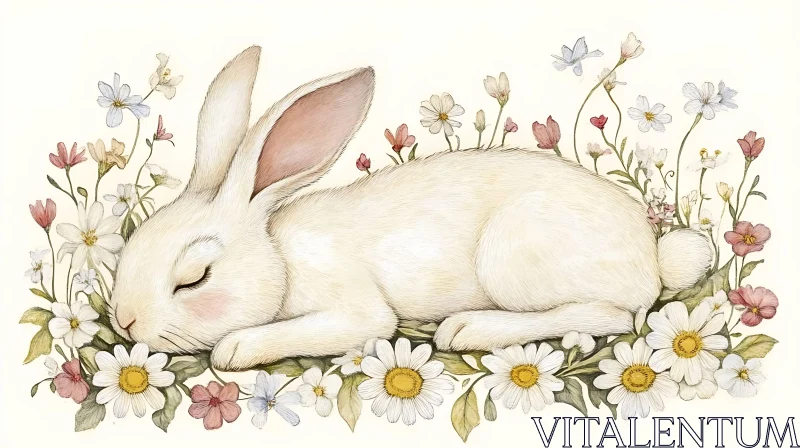 Sleeping Bunny with Flowers Illustration AI Image