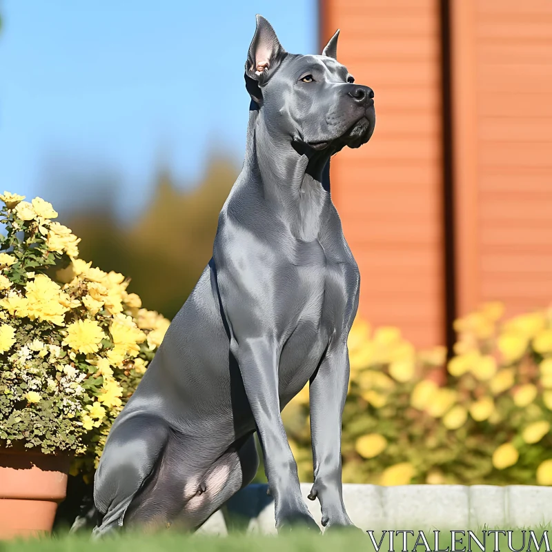 Gray Great Dane in an Outdoor Garden Setting AI Image