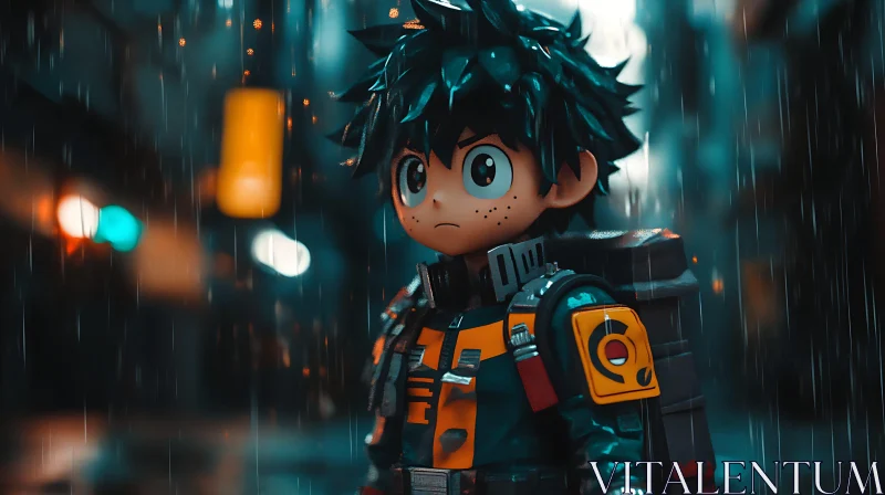 AI ART Expressive Anime Character in a Futuristic Rainy Cityscape