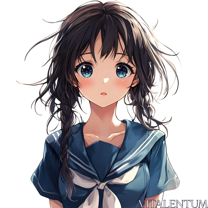 Charming Anime Schoolgirl with Dark Braided Hair AI Image