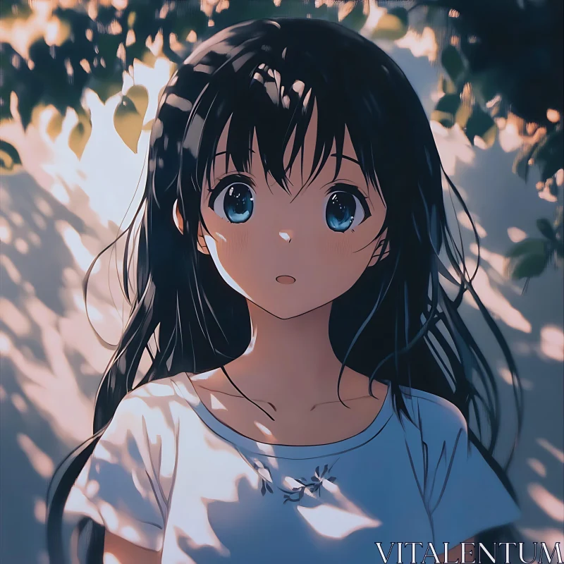 Blue-eyed Anime Girl in Natural Light AI Image