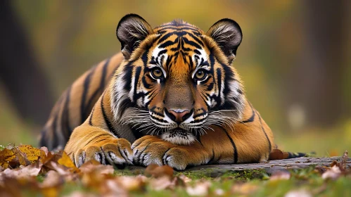 Tiger Lounging in Autumn Leaves