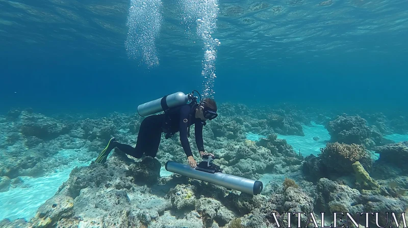 Diver Exploring Coral Reef with Scooter AI Image