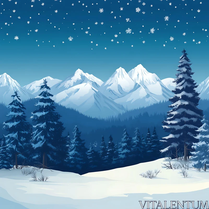 AI ART Snowy Peaks and Pine Trees