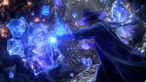 Mystic Wizard Casting Spell with Crystals