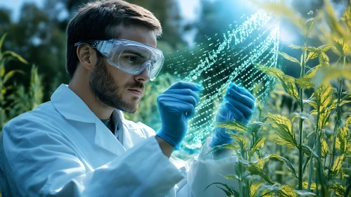 Scientist Examining Plant with Digital Interface