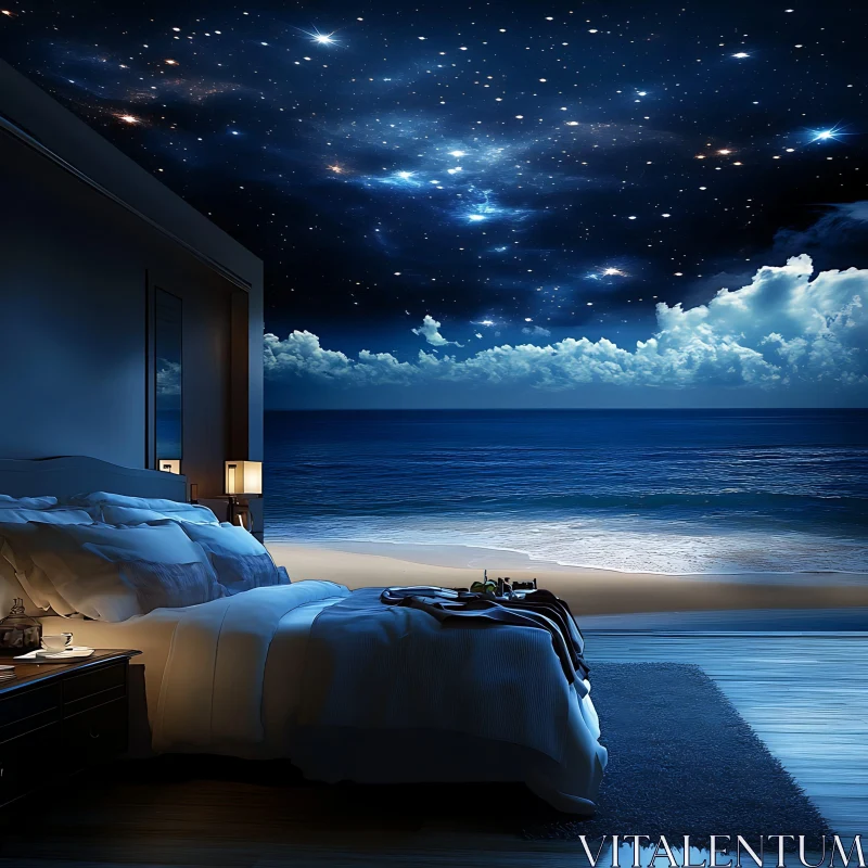 Seaside Bedroom with Celestial Ceiling AI Image