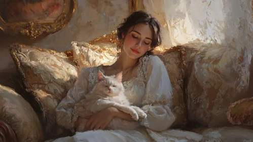 Tranquil Moment with Woman and Cat in Elegant Interior