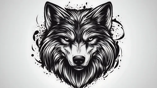 Monochrome Wolf Head with Ink Splatter