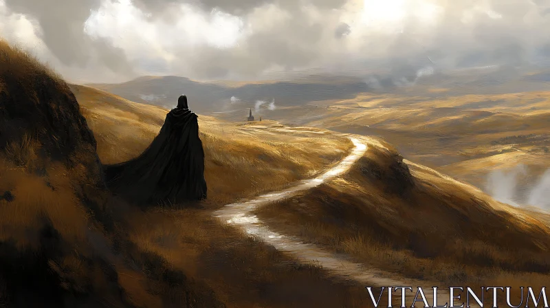 Cloaked Figure Overlooking Winding Path AI Image