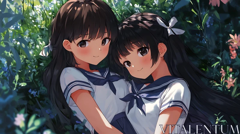 AI ART Two Friends in Sailor Outfits Relaxing in Nature