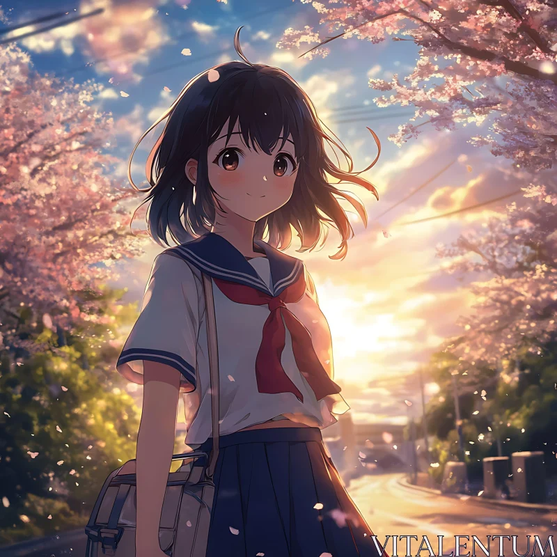 Anime School Girl with Cherry Blossoms at Dusk AI Image