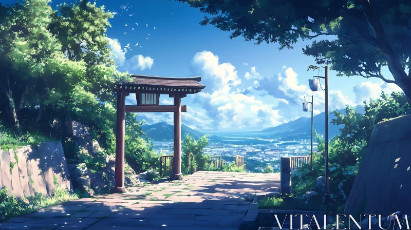 Traditional Gate Overlooking Panoramic City and Mountain Landscape AI Image