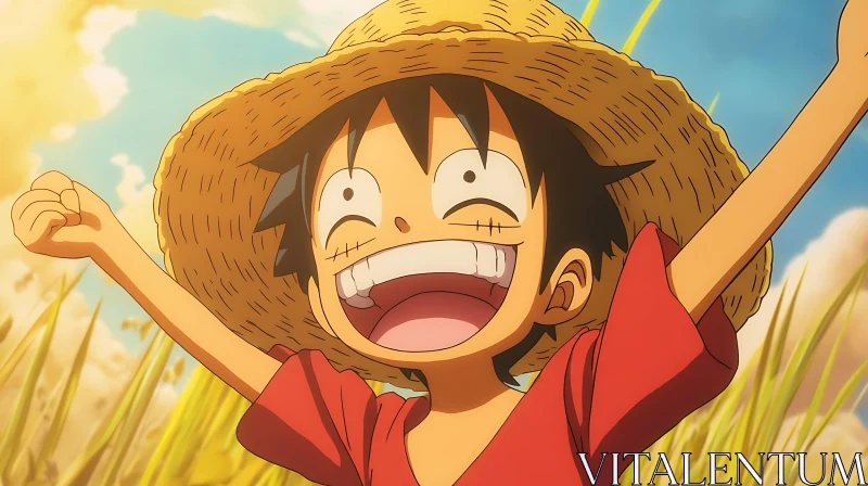 Anime Character with Straw Hat in Cheerful Mood AI Image