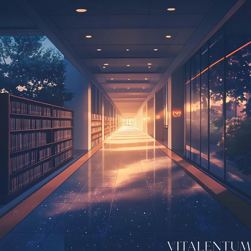 Serene Hallway in a Modern Library at Sunset AI Image