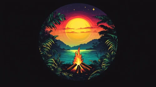 Tropical Lakeside Campfire at Sunset