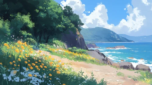 Picturesque Ocean View with Floral Meadow