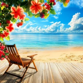 Tropical Beach with Flowers and Wooden Chair