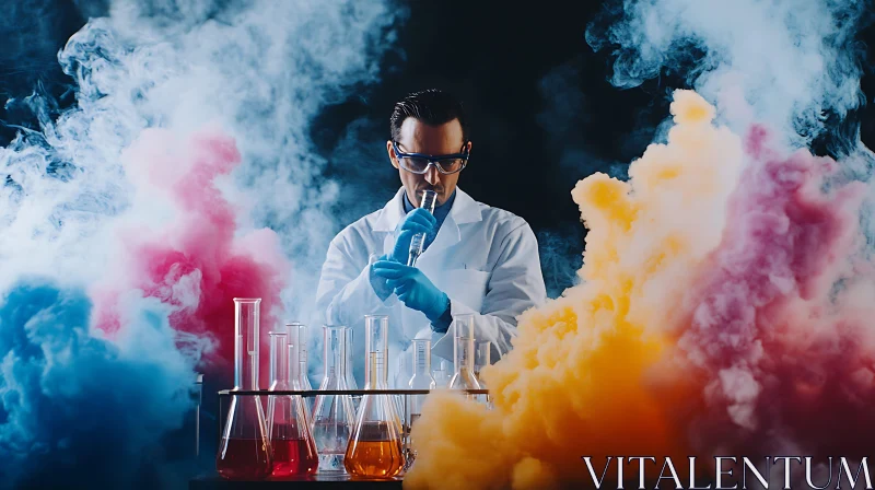 Scientist with Test Tube in Colorful Smoke AI Image