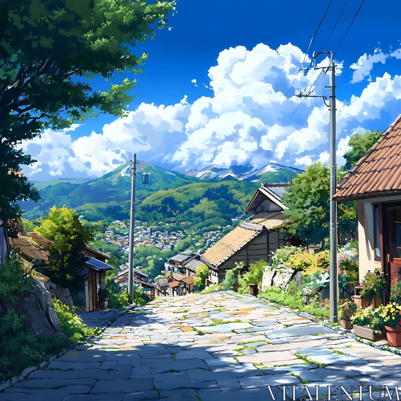 Serene Village Path Overlooking Mountains AI Image