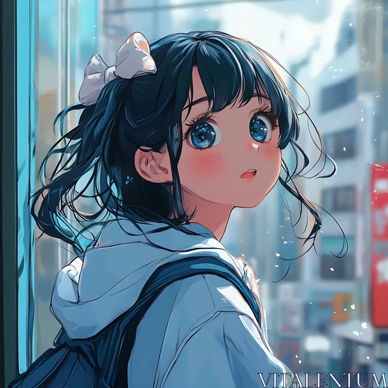 Anime Girl with Blue Eyes in Urban Setting AI Image