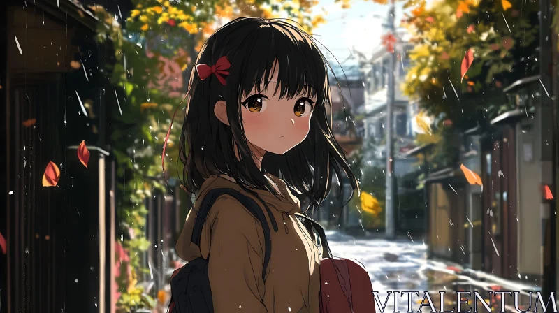 Anime Girl in Rain with Backpack AI Image