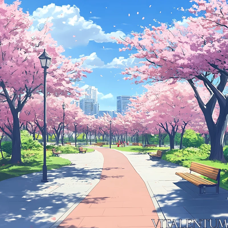 Park Pathway amidst Blooming Cherry Blossoms AI Image