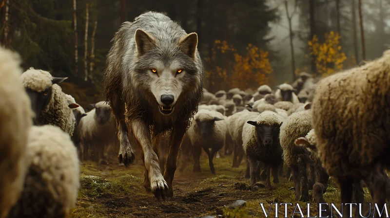 AI ART Predator in the Flock: A Wolf's Hunt