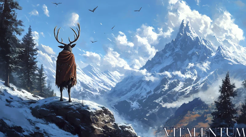 AI ART Winter Mountain Scene with Cloaked Deer