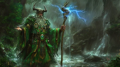 Green Wizard in Rainy Forest