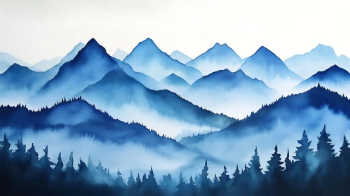 Tranquil Blue Mountain Watercolor Painting