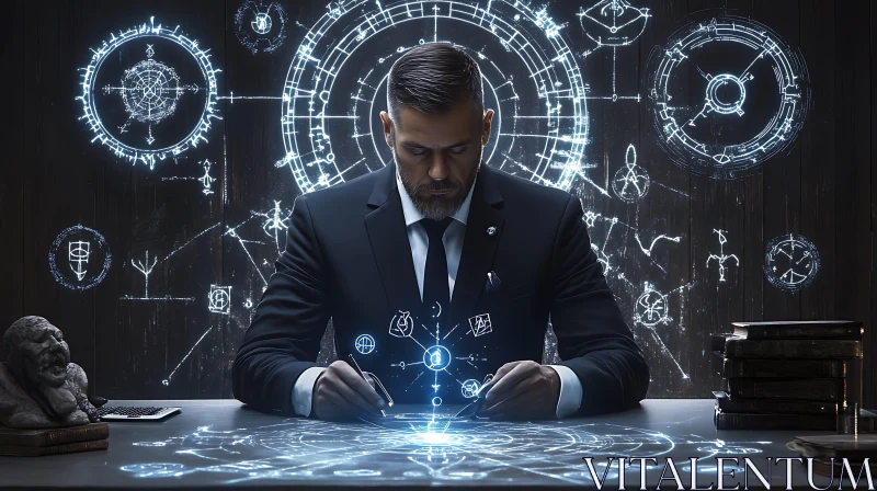 Man in Suit Working on Glowing Symbols AI Image