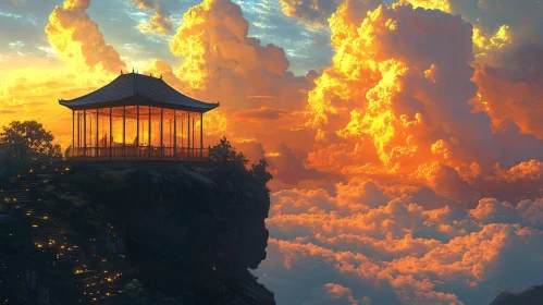 Gazebo on Cliff Edge with Golden Sunset Clouds