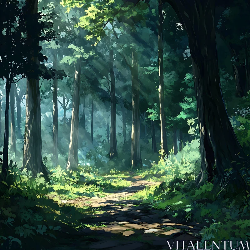 AI ART Serene Woodland with Sunlight and Trees