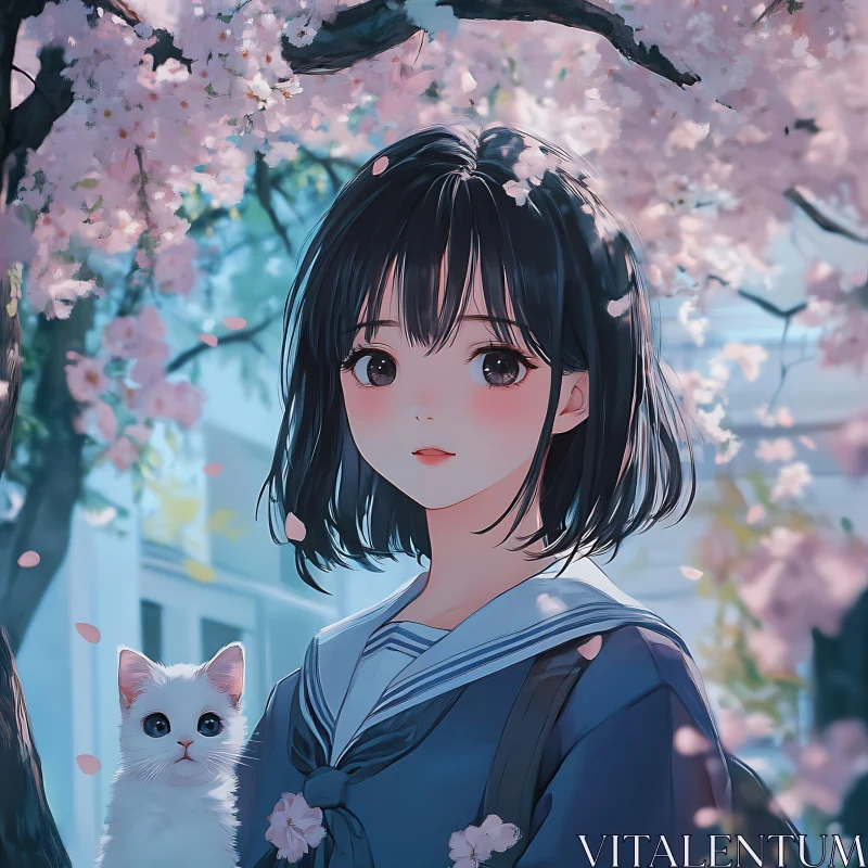 Anime Girl and Cat Amid Cherry Blossoms AI Image