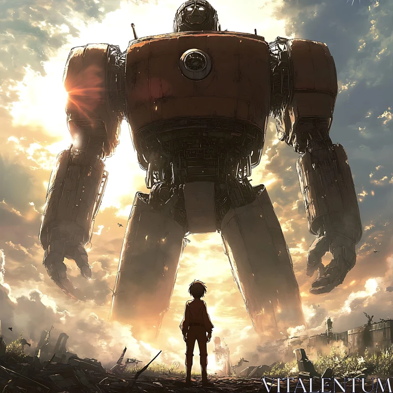 Giant Robot and Child at Sunset AI Image