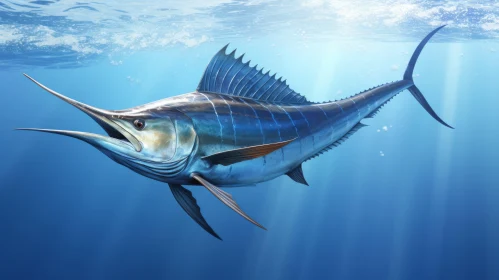 Graceful Blue Marlin in Ocean Depths: Realistic Light Reflection