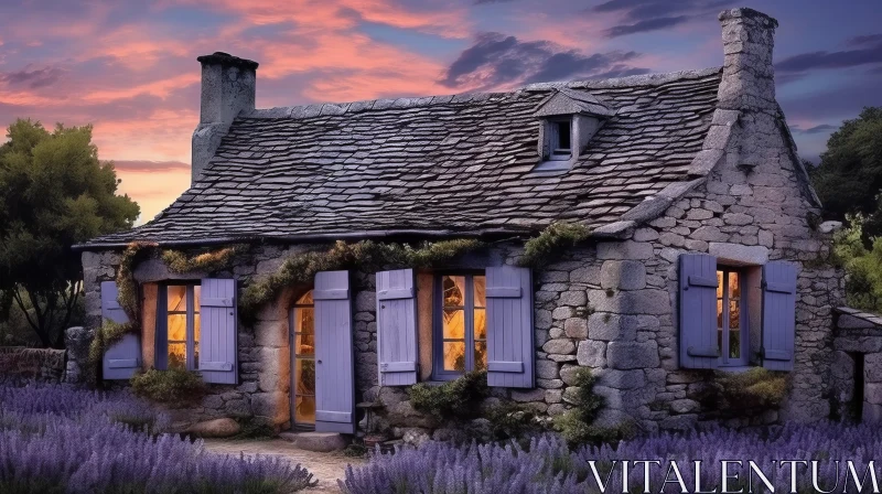 AI ART Romantic Lavender Field Stone Cottage at Midnight