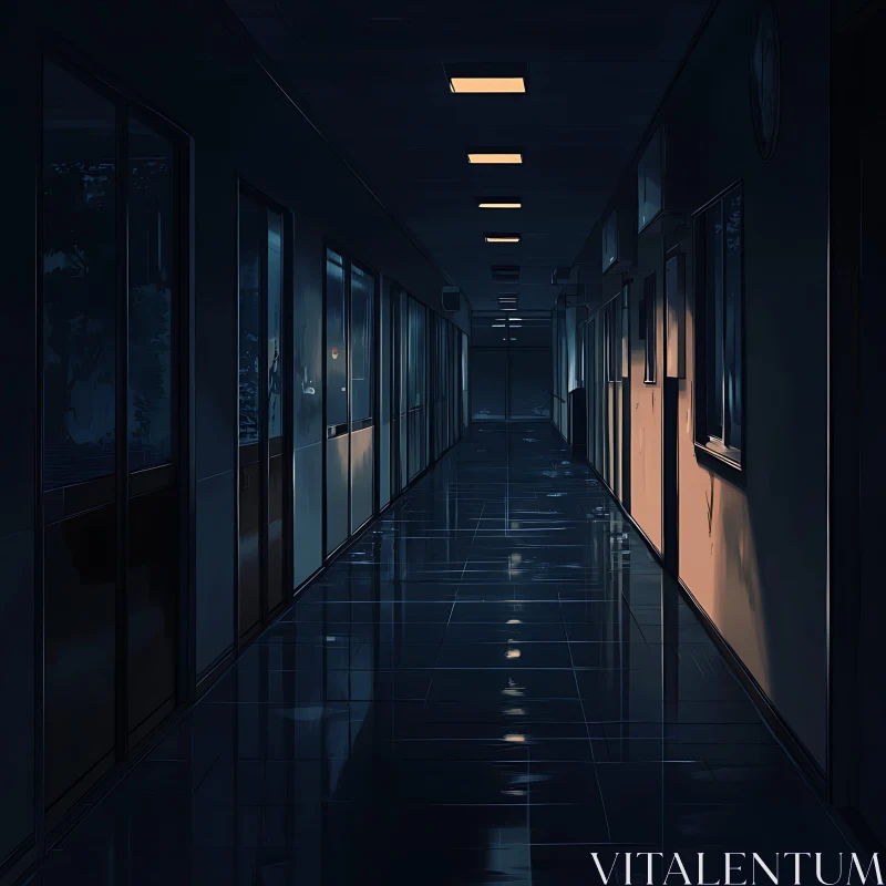 Eerie Empty Hallway with Dim Lighting AI Image