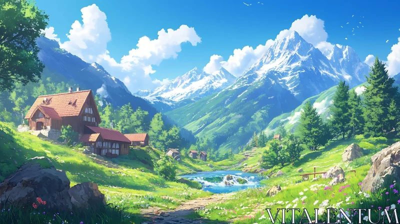 Peaceful Mountain Village Scene AI Image