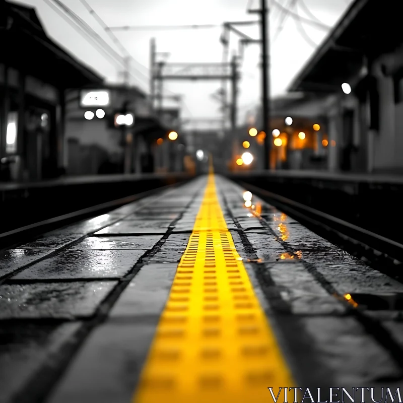 Urban Train Platform with a Guiding Yellow Line AI Image