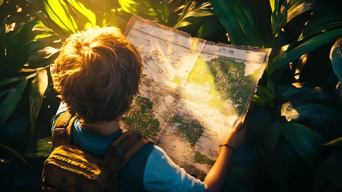 Boy Reading Map Surrounded by Greenery