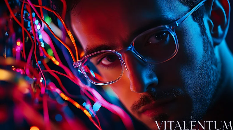 AI ART Man with Glasses in Neon Light