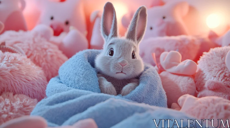 AI ART Sweet Rabbit Snuggled in Blue Blanket