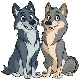 Two Cartoon Wolves Smiling Together