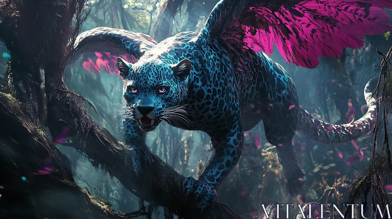 Mystical Winged Jaguar in Lush Forest AI Image