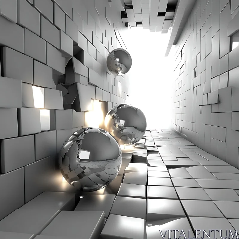 Abstract Metallic Spheres in Geometric Hallway AI Image