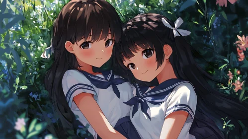 Two Friends in Sailor Outfits Relaxing in Nature