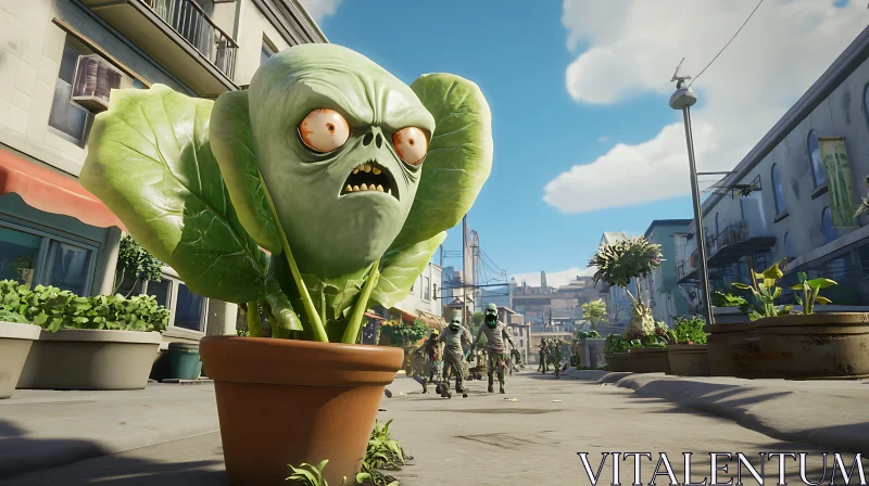 Cartoon Zombie Plant in Flower Pot AI Image