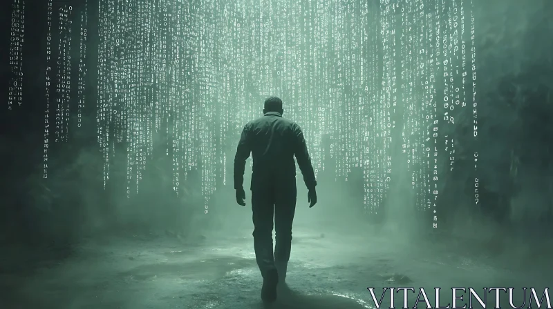 Man Walking into Digital Code Stream AI Image